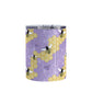 Purple Honeycomb Bee Tumbler Cup (10oz, stainless steel insulated) at Amy's Coffee Mugs. A tumbler cup designed with a pattern of black and yellow bees on honeycomb lines over a purple flourish background that wraps around the cup.