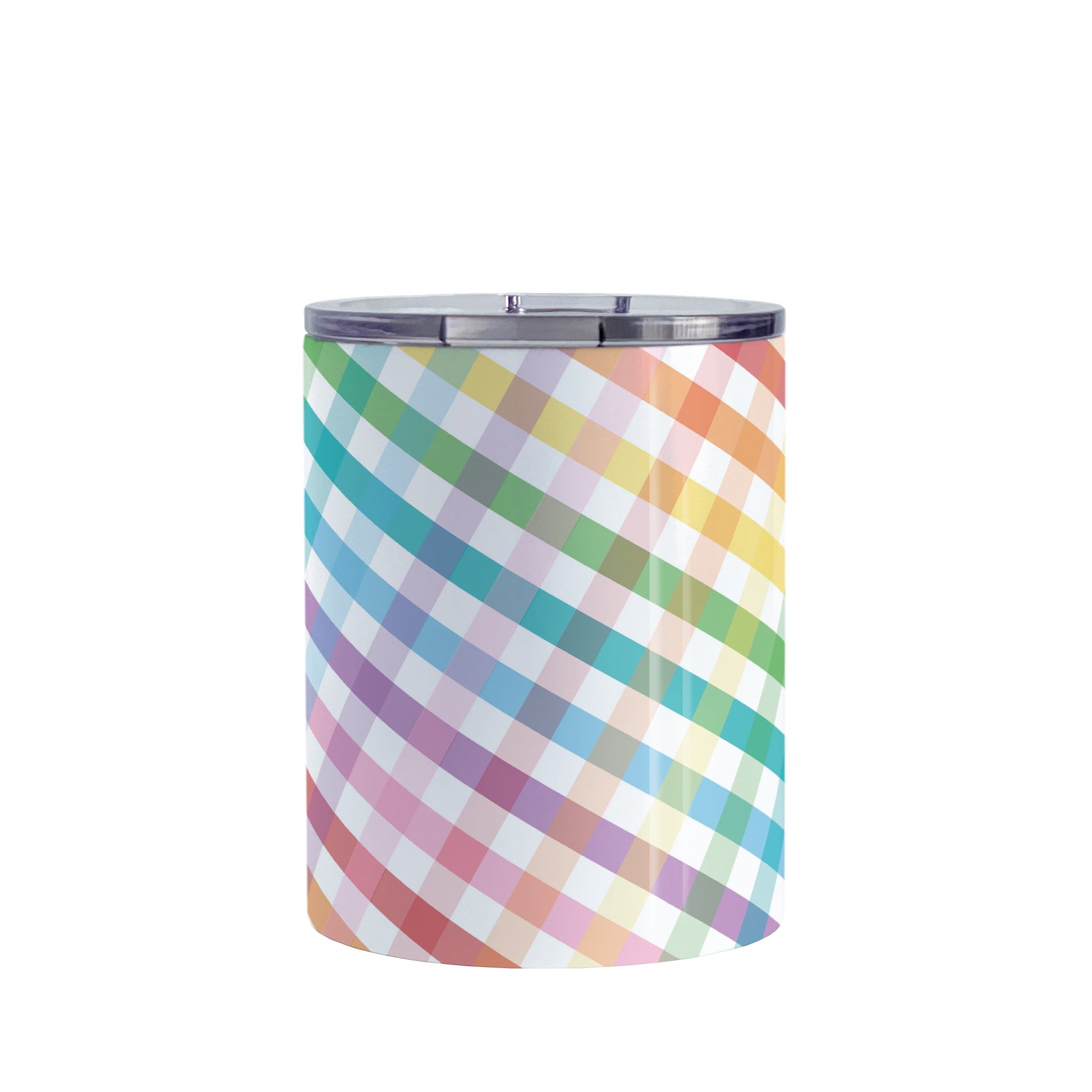 Rainbow Gingham Tumbler Cup (10oz, stainless steel insulated) at Amy's Coffee Mugs