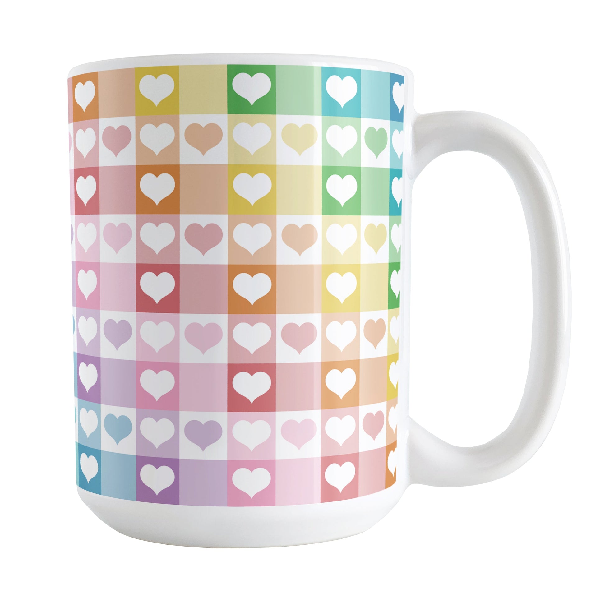 Rainbow Hearts Gingham - Cheerful Checks Mug (15oz) at Amy's Coffee Mugs. A ceramic coffee mug designed with a multi-colored rainbow gingham checks pattern with hearts in it that wraps around the mug to the handle.