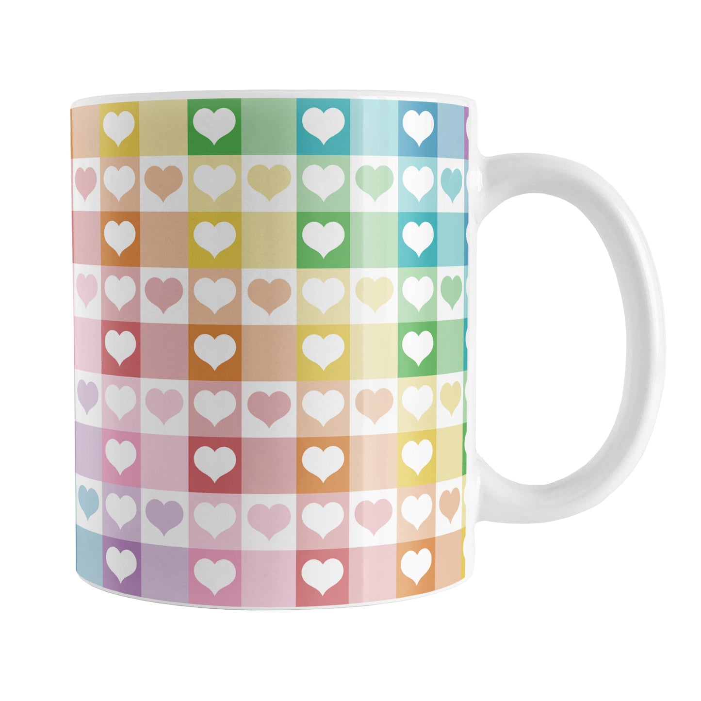 Rainbow Hearts Gingham - Cheerful Checks Mug (11oz) at Amy's Coffee Mugs. A ceramic coffee mug designed with a multi-colored rainbow gingham checks pattern with hearts in it that wraps around the mug to the handle.