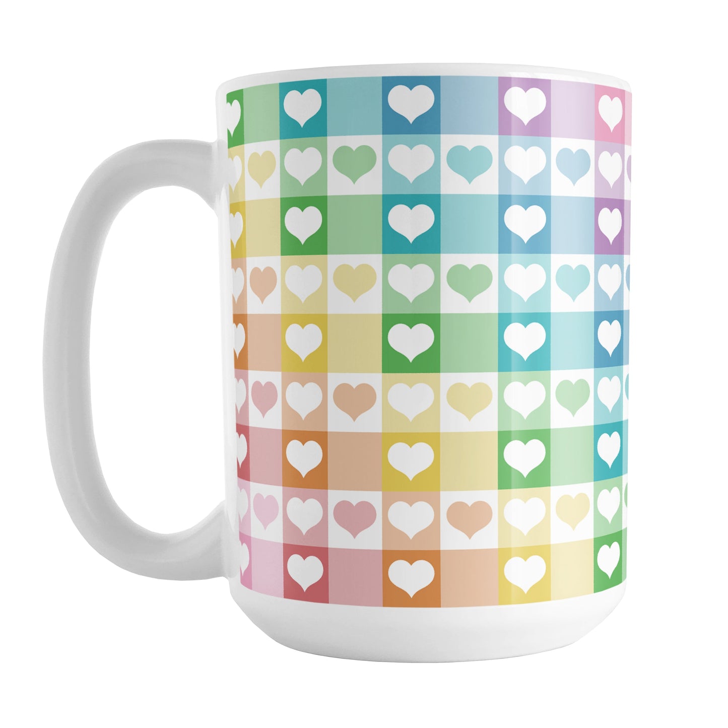 Rainbow Hearts Gingham - Cheerful Checks Mug (15oz) at Amy's Coffee Mugs. A ceramic coffee mug designed with a multi-colored rainbow gingham checks pattern with hearts in it that wraps around the mug to the handle.