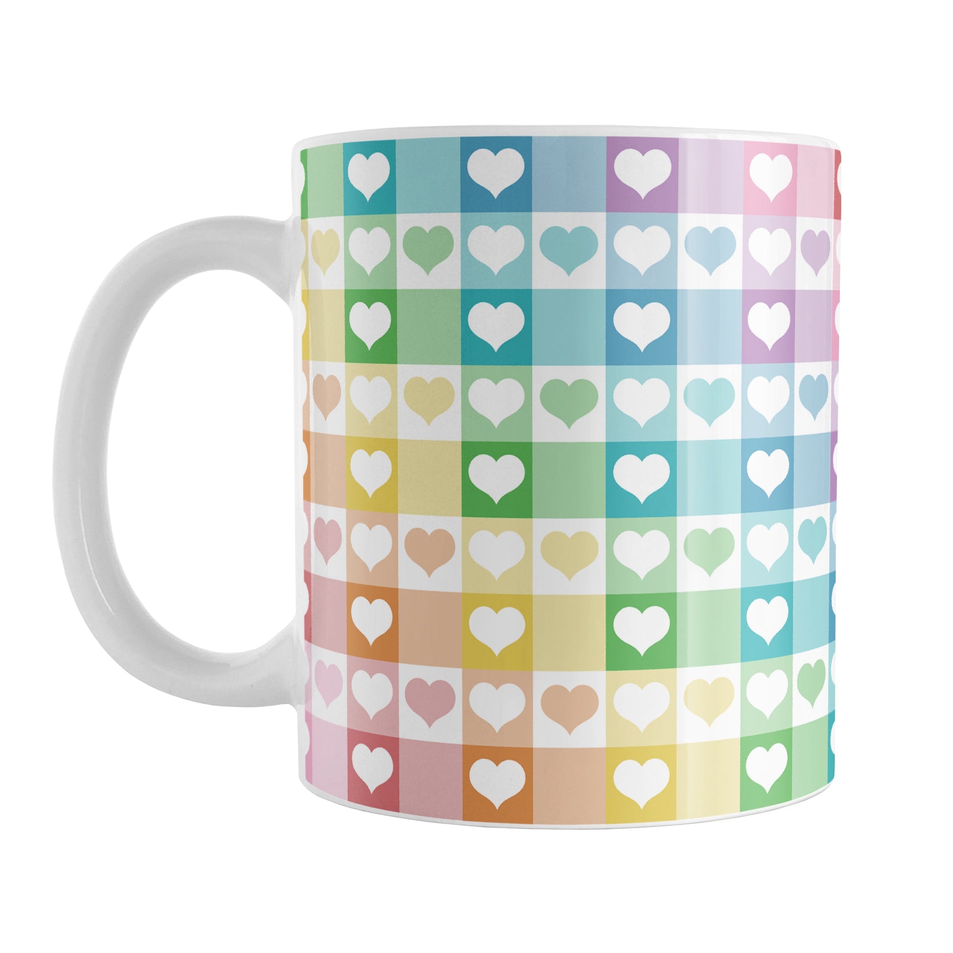 Rainbow Hearts Gingham - Cheerful Checks Mug (11oz) at Amy's Coffee Mugs. A ceramic coffee mug designed with a multi-colored rainbow gingham checks pattern with hearts in it that wraps around the mug to the handle.