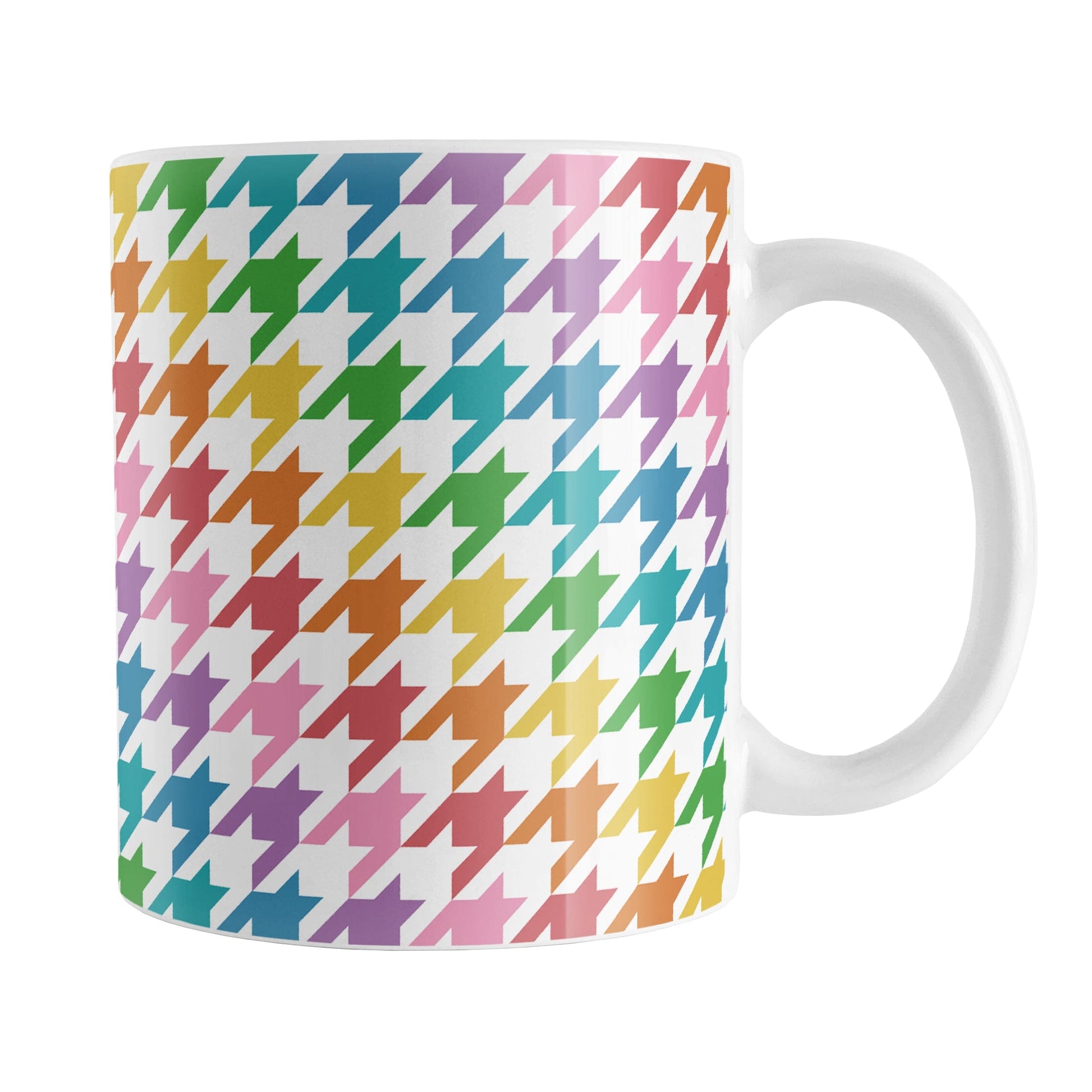 Rainbow Houndstooth Mug (11oz) at Amy's Coffee Mugs. A ceramic coffee mug designed with a houndstooth or dogtooth pattern in a rainbow progression of colors that wraps around the mug to the handle.