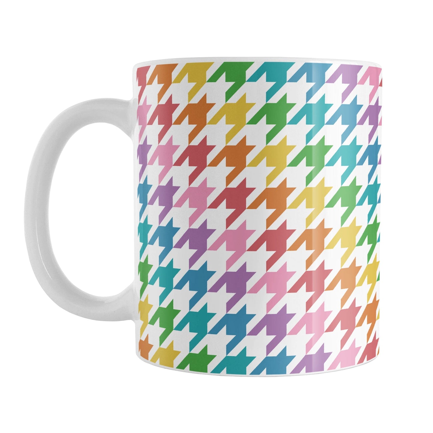 Rainbow Houndstooth Mug (11oz) at Amy's Coffee Mugs. A ceramic coffee mug designed with a houndstooth or dogtooth pattern in a rainbow progression of colors that wraps around the mug to the handle.