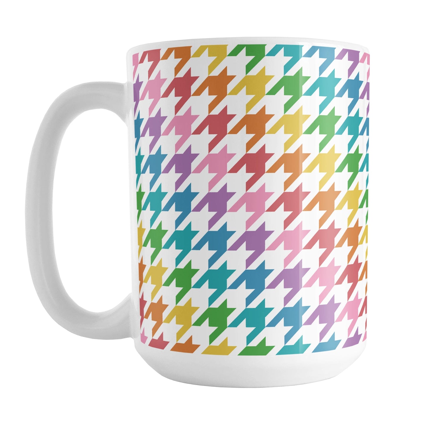 Rainbow Houndstooth Mug (15oz) at Amy's Coffee Mugs. A ceramic coffee mug designed with a houndstooth or dogtooth pattern in a rainbow progression of colors that wraps around the mug to the handle.