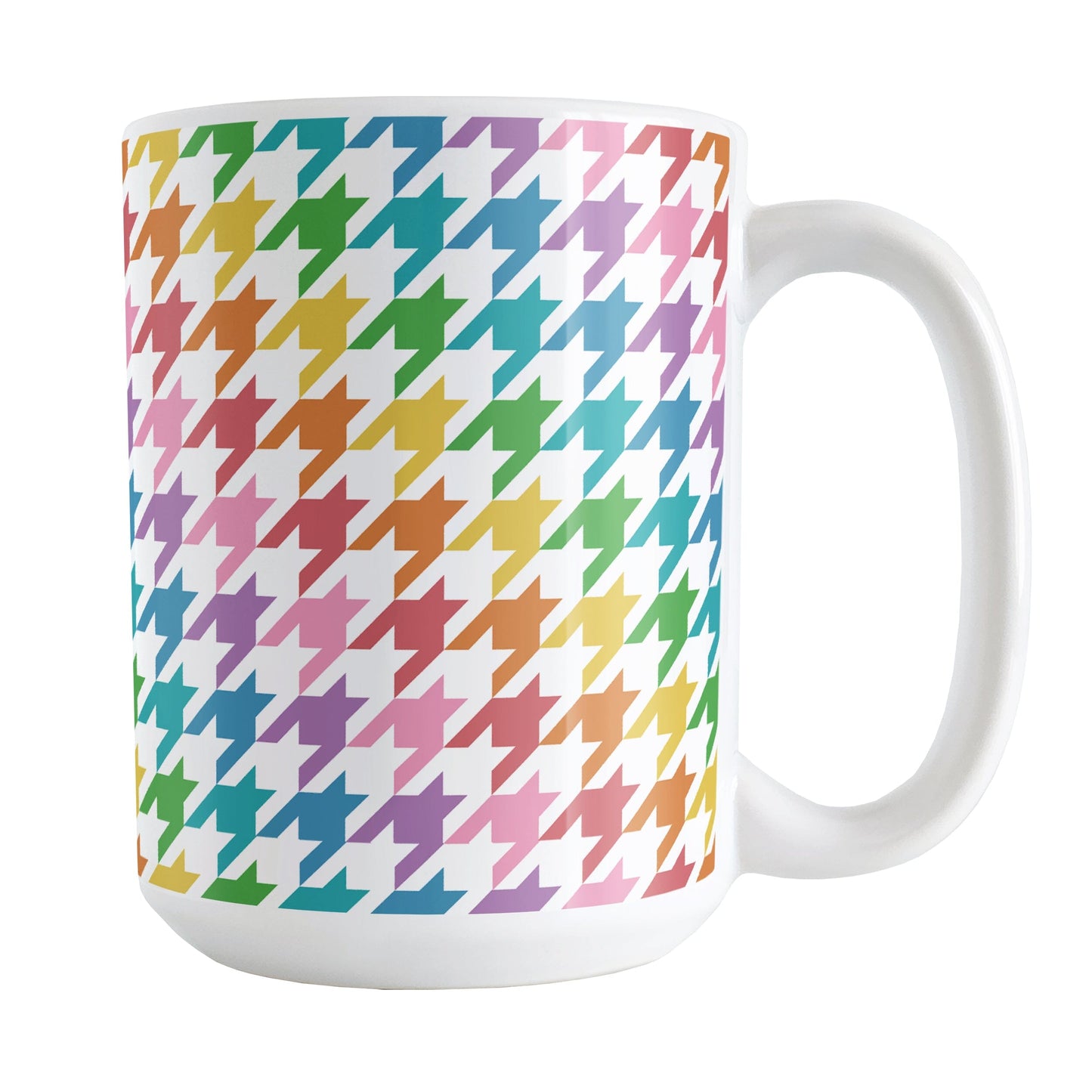 Rainbow Houndstooth Mug (15oz) at Amy's Coffee Mugs. A ceramic coffee mug designed with a houndstooth or dogtooth pattern in a rainbow progression of colors that wraps around the mug to the handle.