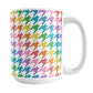 Rainbow Houndstooth Mug (15oz) at Amy's Coffee Mugs. A ceramic coffee mug designed with a houndstooth or dogtooth pattern in a rainbow progression of colors that wraps around the mug to the handle.