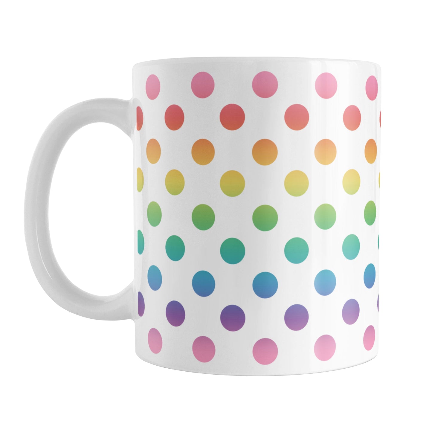 Rainbow Polka Dots Mug (11oz) at Amy's Coffee Mugs. A ceramic coffee mug designed with a pattern of polka dots in a vertical rainbow gradient progression over white that wraps around the mug.