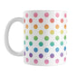 Rainbow Polka Dots Mug (11oz) at Amy's Coffee Mugs. A ceramic coffee mug designed with a pattern of polka dots in a vertical rainbow gradient progression over white that wraps around the mug.