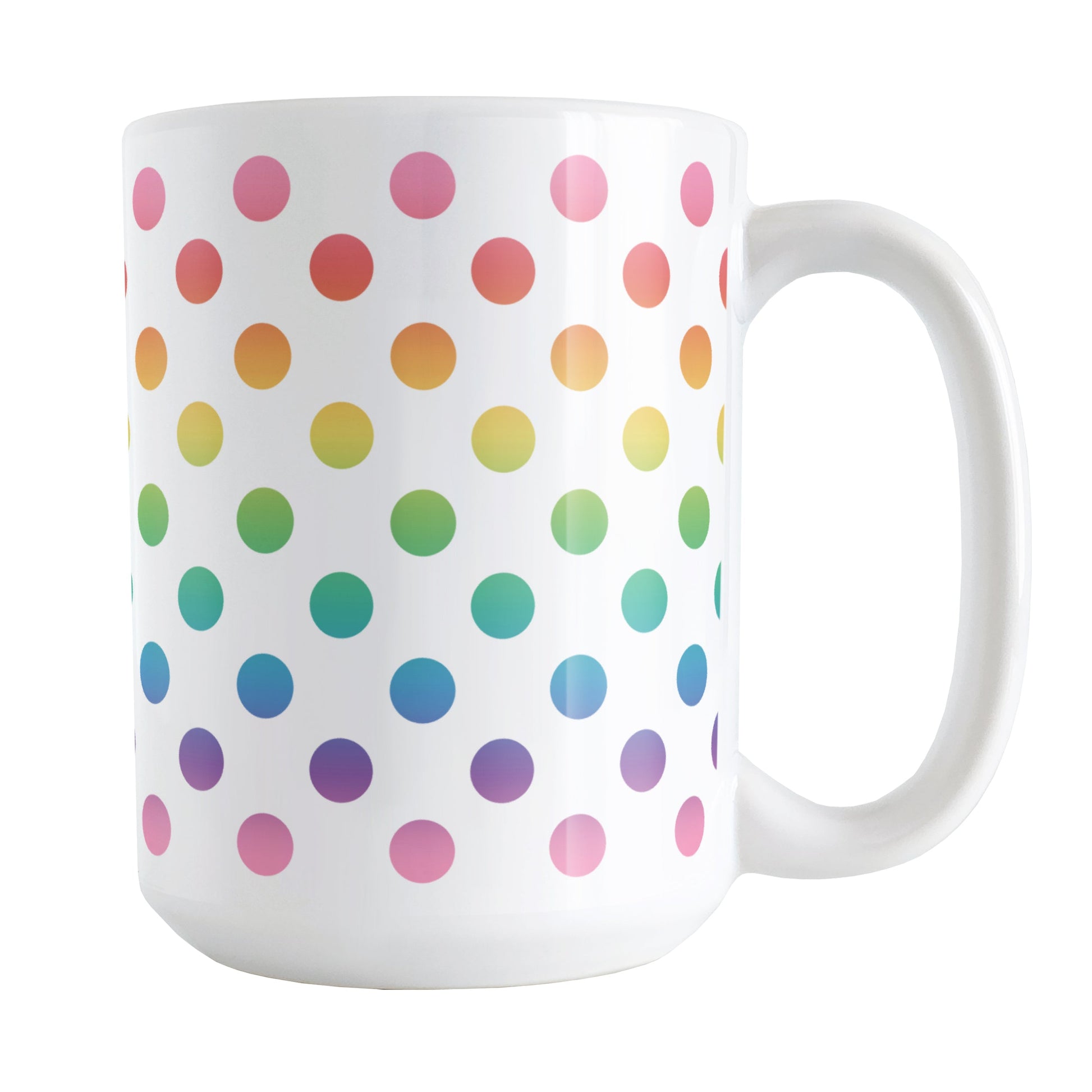 Rainbow Polka Dots Mug (15oz) at Amy's Coffee Mugs. A ceramic coffee mug designed with a pattern of polka dots in a vertical rainbow gradient progression over white that wraps around the mug.