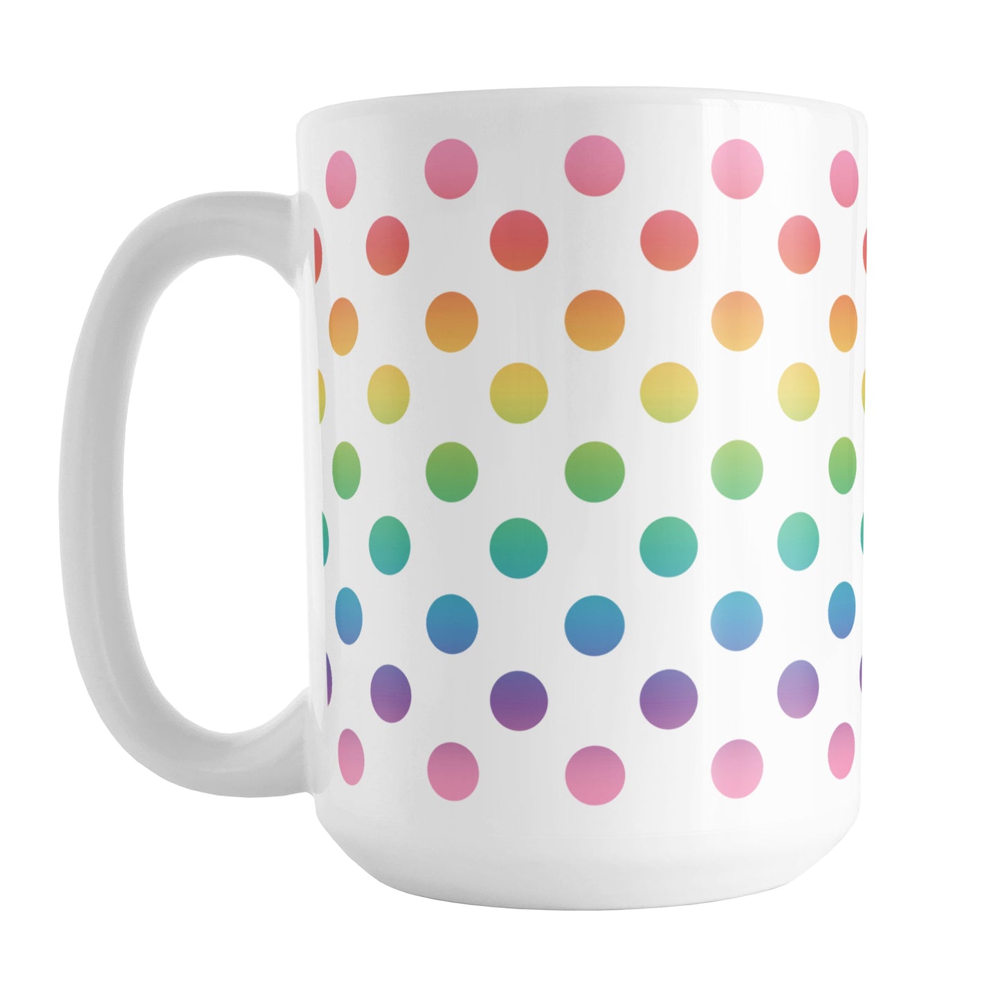 Rainbow Polka Dots Mug (15oz) at Amy's Coffee Mugs. A ceramic coffee mug designed with a pattern of polka dots in a vertical rainbow gradient progression over white that wraps around the mug.