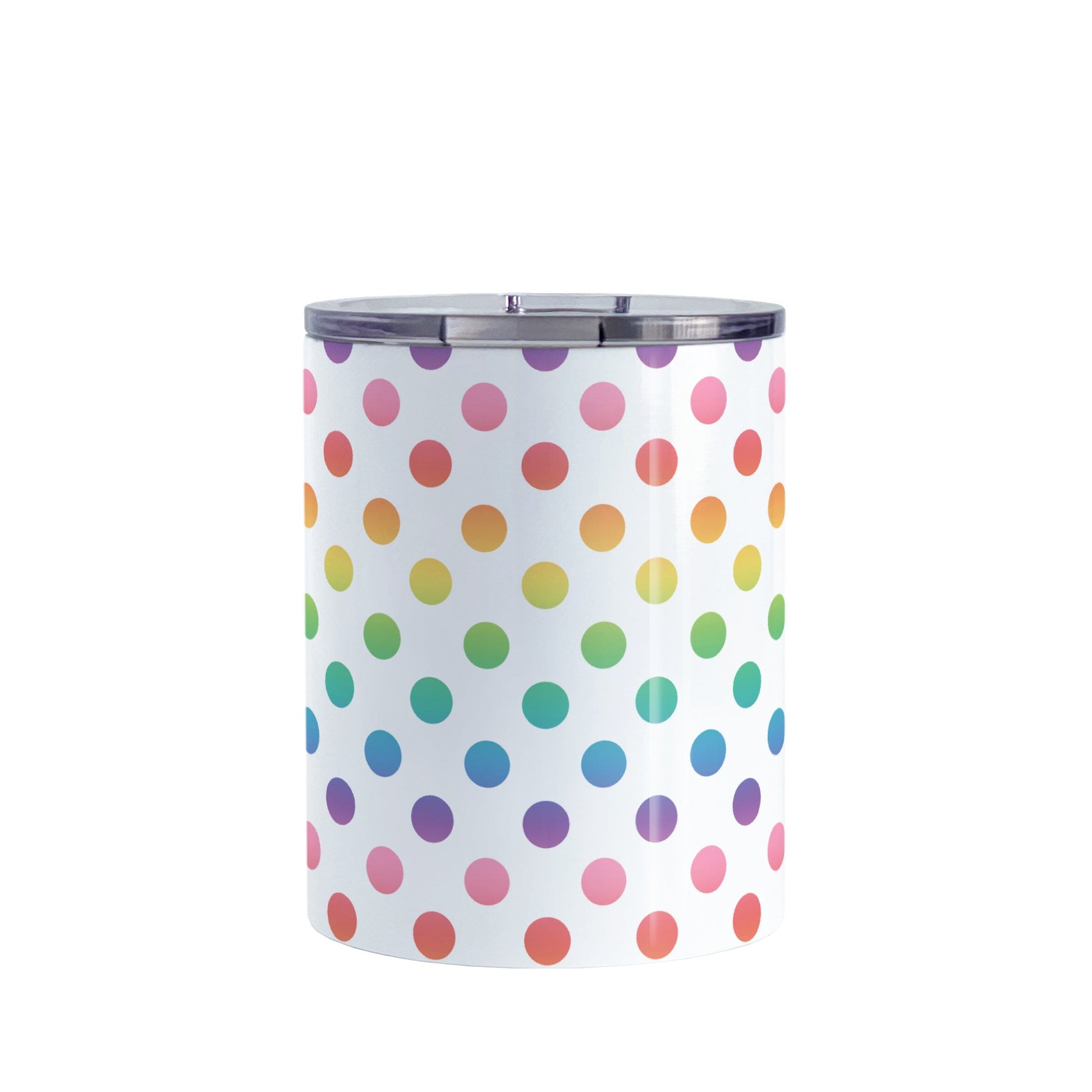 Rainbow Polka Dots Tumbler Cup (10oz) at Amy's Coffee Mugs. A stainless steel tumbler cup designed with a colorful pattern of polka dots in a rainbow color progression that wraps around the cup. 