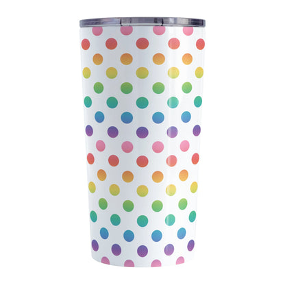 Rainbow Polka Dots Tumbler Cup (20oz) at Amy's Coffee Mugs. A stainless steel tumbler cup designed with a colorful pattern of polka dots in a rainbow color progression that wraps around the cup. 