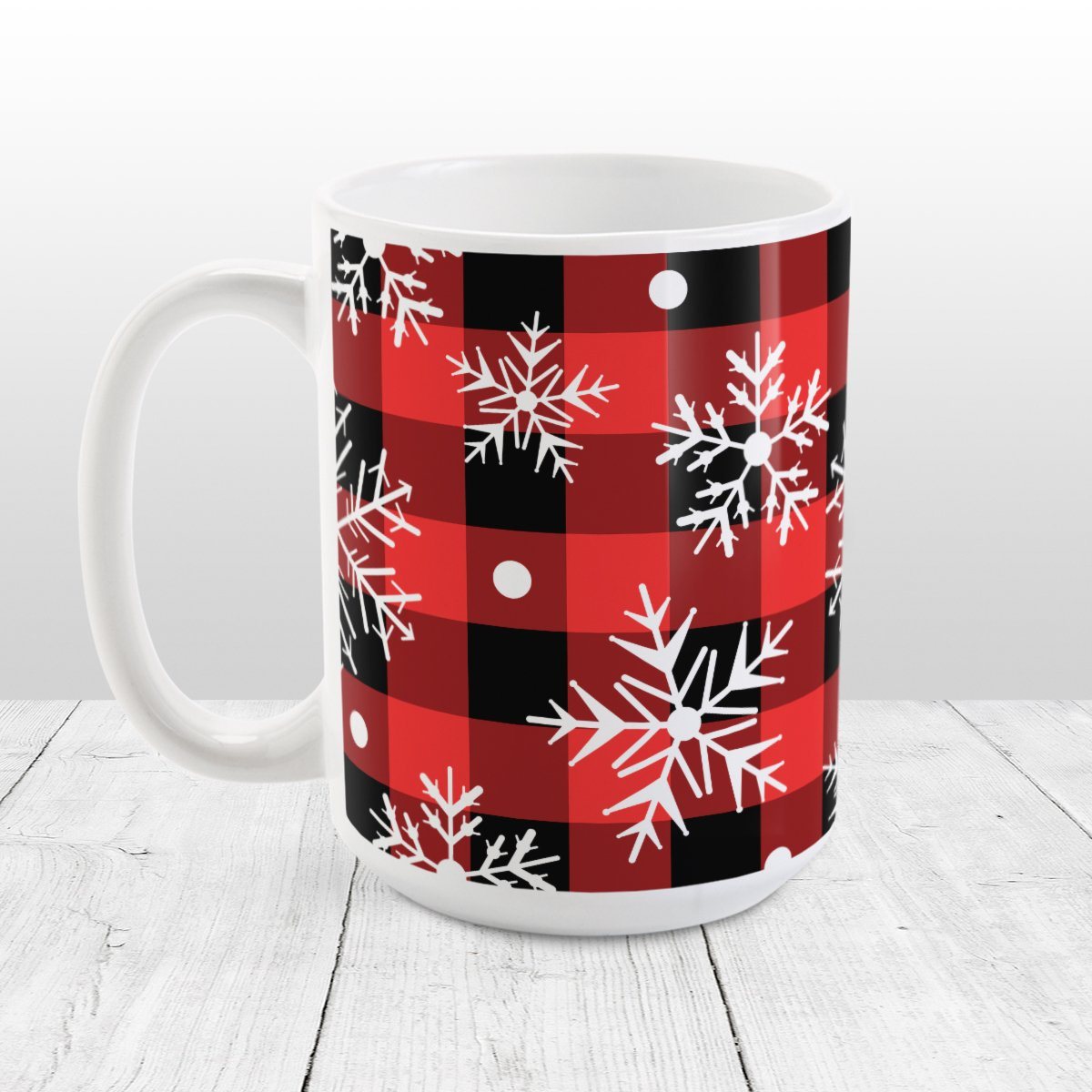 Red and Black Buffalo Plaid Snowflake Mug (15oz) at Amy's Coffee Mugs