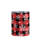 Red and Black Buffalo Plaid Snowflake Tumbler Cup (10oz) at Amy's Coffee Mugs. A stainless steel insulated tumbler cup designed with a pattern of white snowflakes over a red and black buffalo plaid pattern that wraps around the cup.