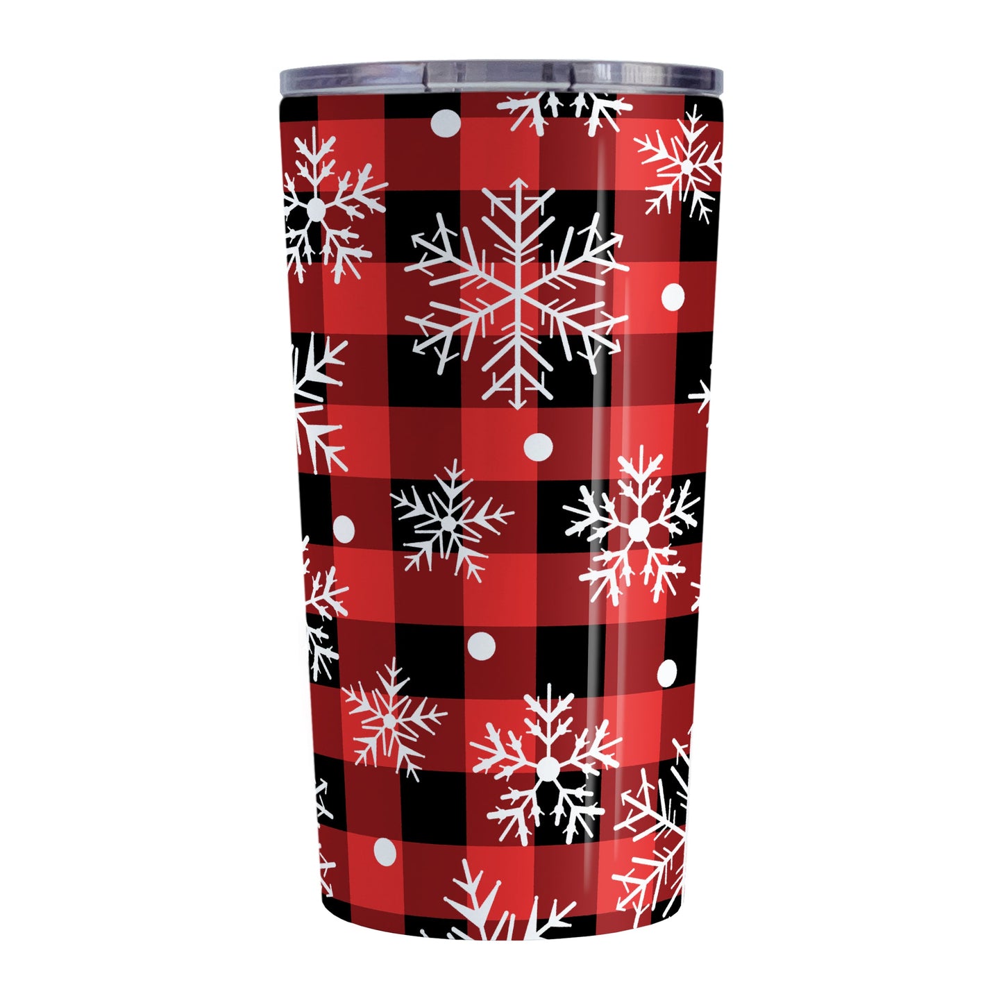 Red and Black Buffalo Plaid Snowflake Tumbler Cup (20oz) at Amy's Coffee Mugs. A stainless steel insulated tumbler cup designed with a pattern of white snowflakes over a red and black buffalo plaid pattern that wraps around the cup.