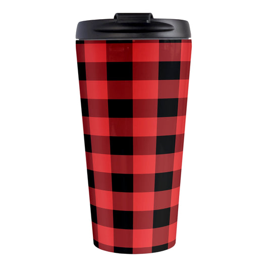 Red and Black Buffalo Plaid Travel Mug (15oz, stainless steel insulated) at Amy's Coffee Mugs