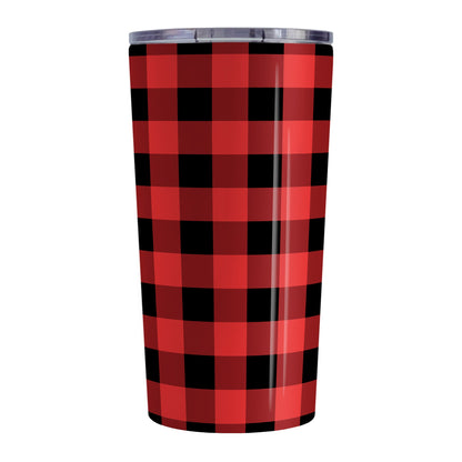 Red and Black Buffalo Plaid Tumbler Cup (20oz, stainless steel insulated) at Amy's Coffee Mugs. A tumbler cup designed with a red and black buffalo plaid (buffalo check) pattern that wraps around the cup.