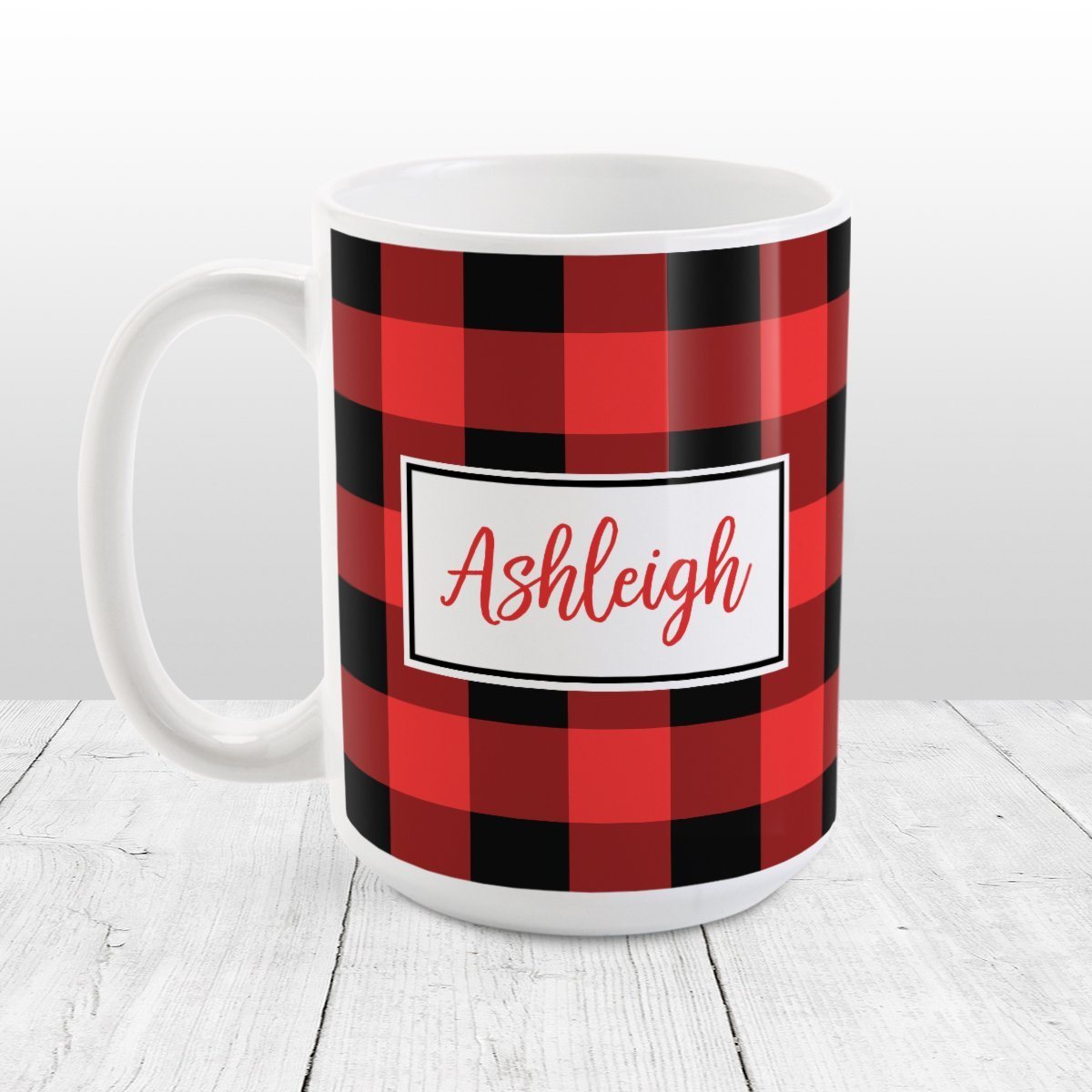 Red and Black Personalized Name Buffalo Plaid Mug at Amy's Coffee Mugs