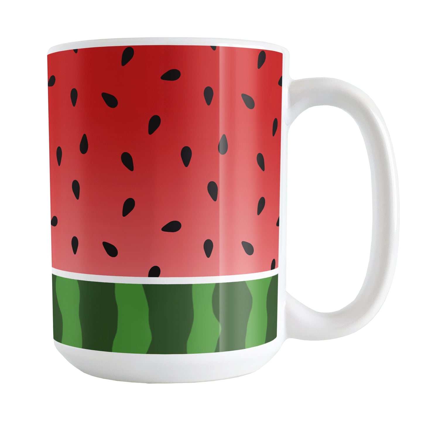 Red and Green Watermelon Mug (15oz) at Amy's Coffee Mugs. A ceramic coffee mug designed with a watermelon black seed pattern complemented by a green stripe watermelon pattern along the bottom. This fruity design wraps around the mug up to the handle.