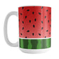 Red and Green Watermelon Mug (15oz) at Amy's Coffee Mugs. A ceramic coffee mug designed with a watermelon black seed pattern complemented by a green stripe watermelon pattern along the bottom. This fruity design wraps around the mug up to the handle.