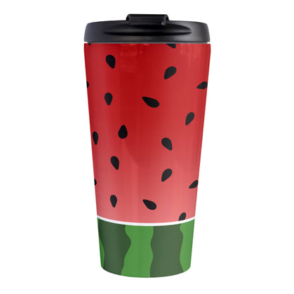 Red and Green Watermelon Travel Mug (15oz, stainless steel insulated) at Amy's Coffee Mugs. A travel mug designed with a watermelon black seed pattern complemented by a green stripe watermelon pattern along the bottom. This fruity design wraps around the travel mug.