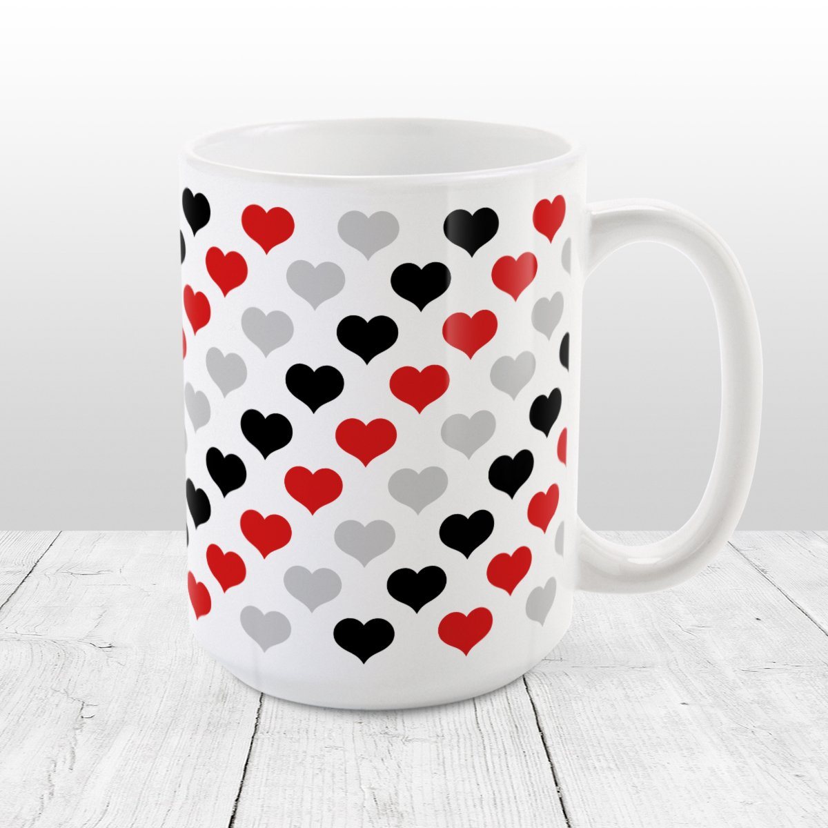 Red Black Gray Hearts Pattern Mug at Amy's Coffee Mugs
