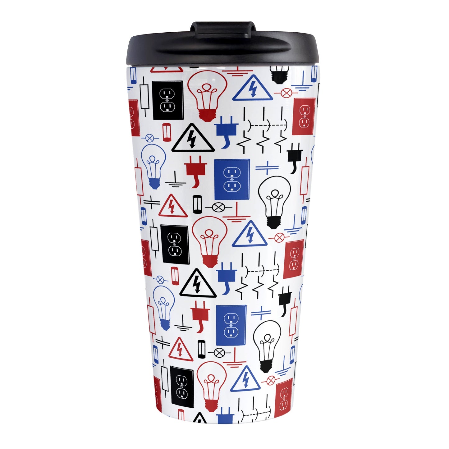 Red Blue Electrical Electrician Travel Mug (15oz) at Amy's Coffee Mugs. A stainless steel travel mug designed with an electrical pattern with light bulbs, wall sockets, plugs, fuses, and other electricity symbols in red, blue, and black colors. This travel mug is perfect for people who work a trade as an electrician or love working with electronics. 