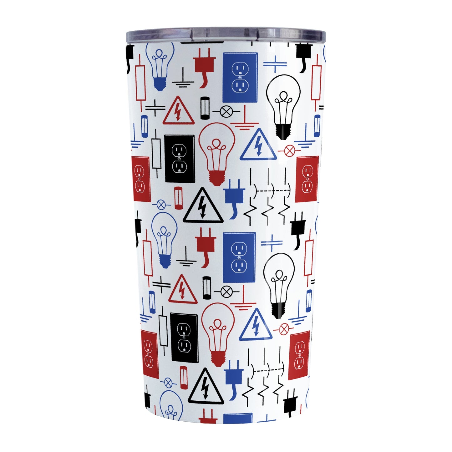 Red Blue Electrical Electrician Tumbler Cup (20oz) at Amy's Coffee Mugs. A stainless steel insulated tumbler cup designed with an electrical pattern with light bulbs, wall sockets, plugs, fuses, and other electricity symbols in red, blue, and black colors that wraps around the cup. This cup is perfect for people who work a trade as an electrician, love working with electronics, and working in electrical engineering. 