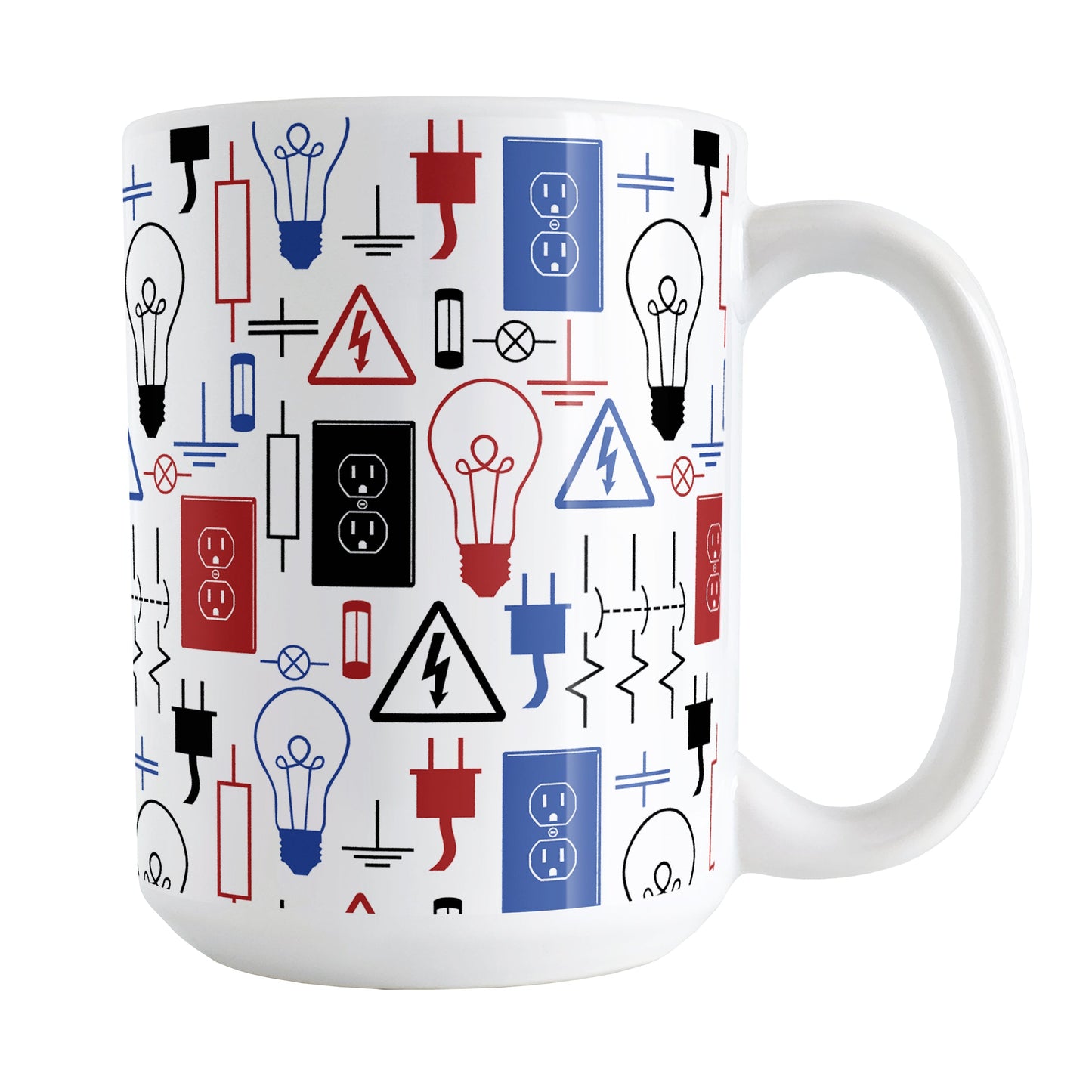 Red Blue Electrical Pattern Mug (15oz) at Amy's Coffee Mugs. A ceramic coffee mug designed with an electrical pattern with light bulbs, wall sockets, plugs, fuses, and other electricity symbols in red, blue, and black colors. This mug is perfect for people who work a trade as an electrician or love working with electronics. 