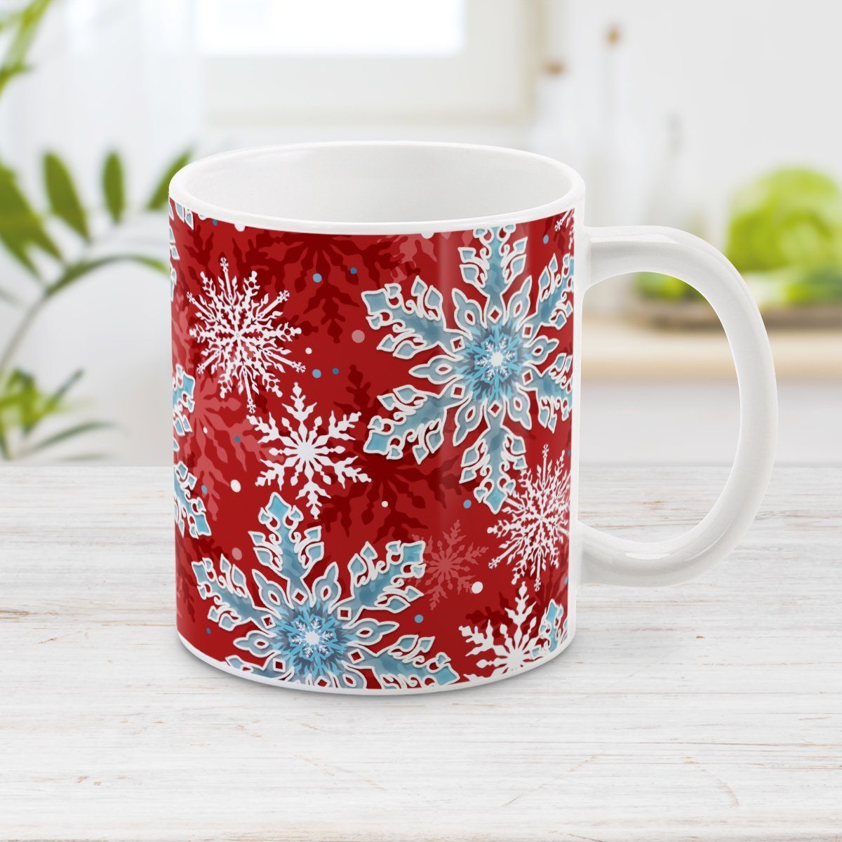 Red Blue Snowflake Pattern Winter Mug at Amy's Coffee Mugs