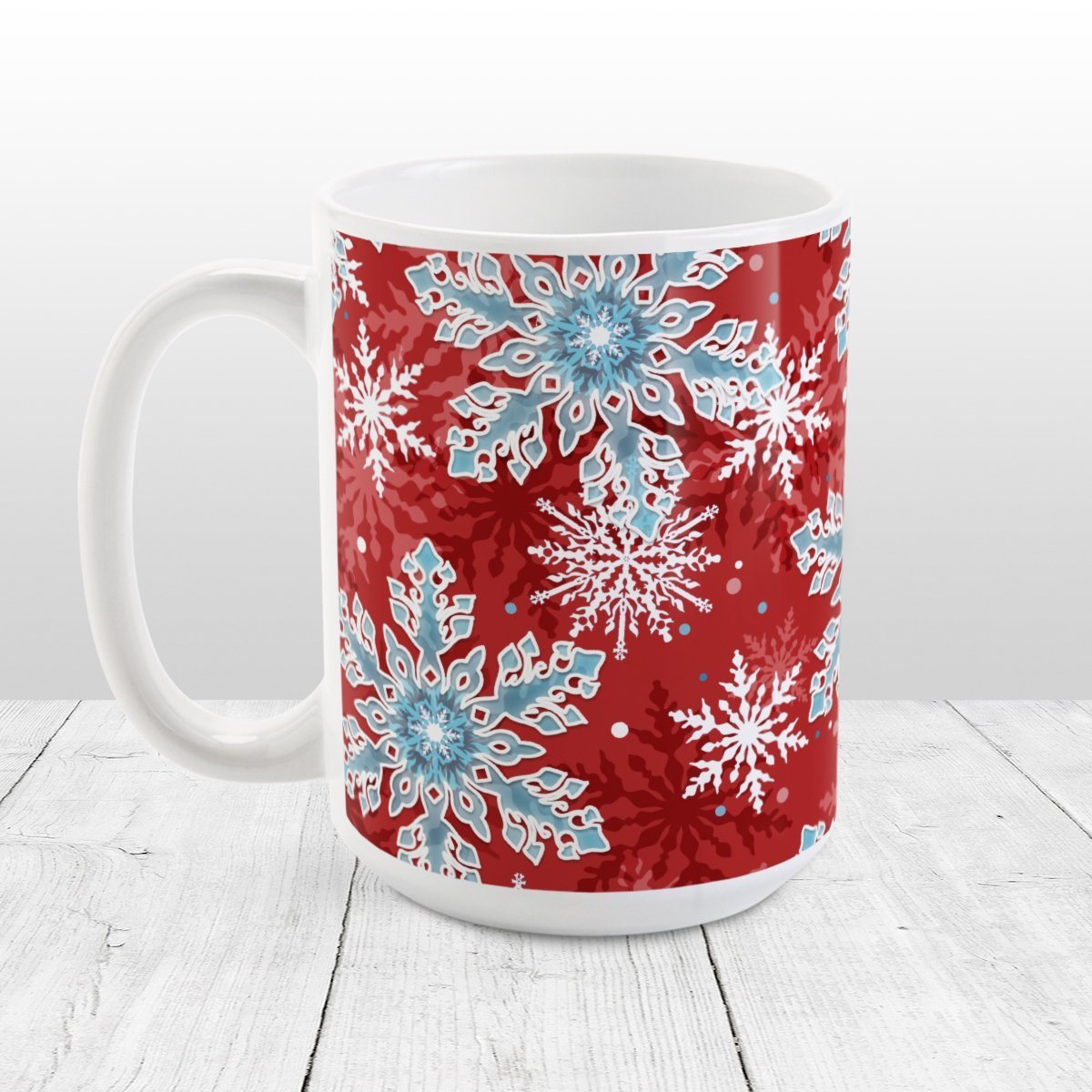 Red Blue Snowflake Pattern Winter Mug at Amy's Coffee Mugs