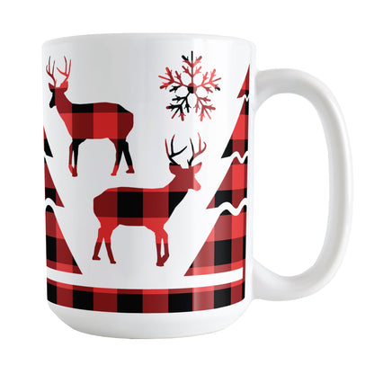 Red Buffalo Plaid Deer and Trees Mug (15oz) at Amy's Coffee Mugs. A ceramic coffee mug designed with deer, winter trees, and snowflakes in a red and black buffalo plaid (buffalo check) pattern over white around the mug up to the handle.
