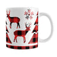 Red Buffalo Plaid Deer and Trees Mug (11oz) at Amy's Coffee Mugs. A ceramic coffee mug designed with deer, winter trees, and snowflakes in a red and black buffalo plaid (buffalo check) pattern over white around the mug up to the handle.
