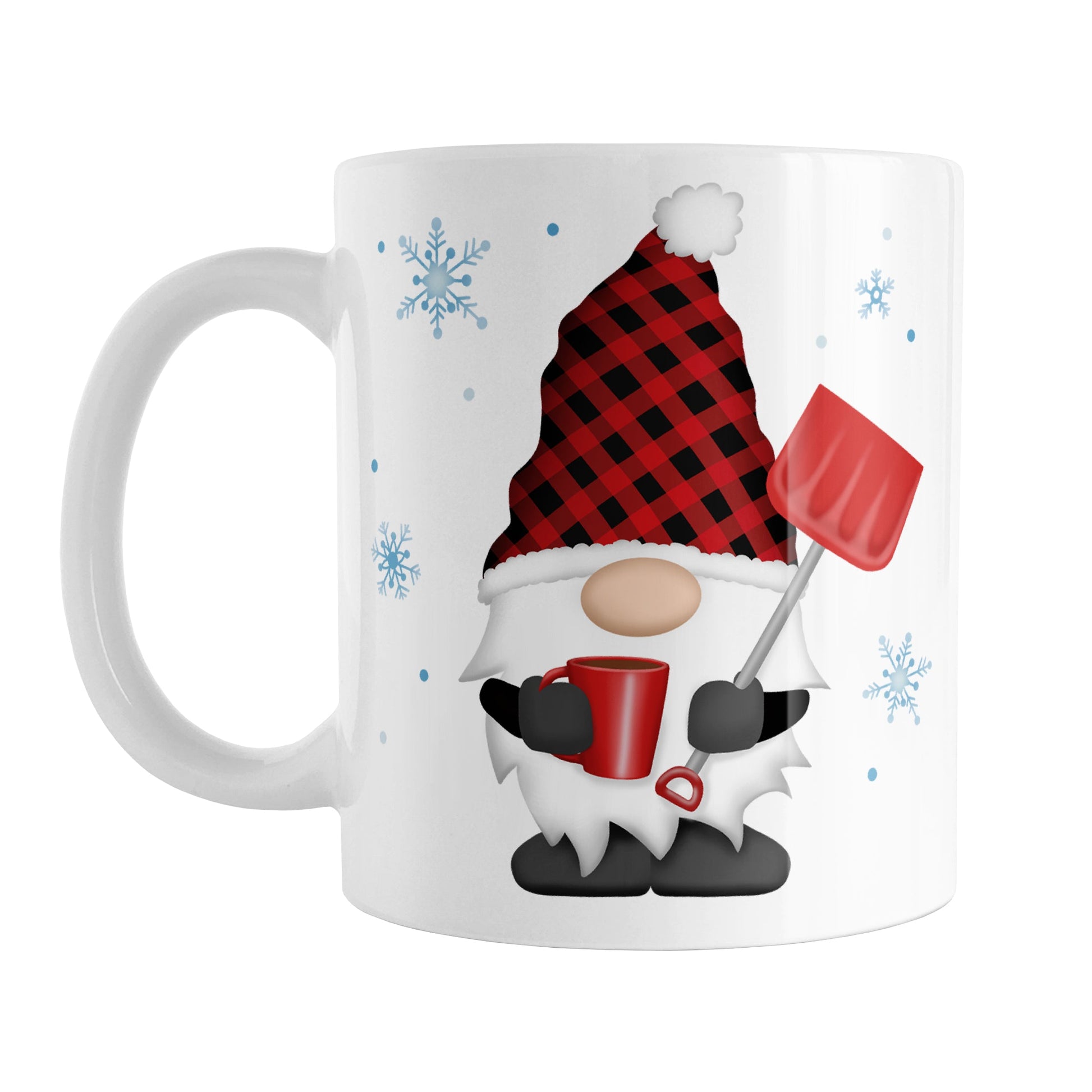 Red Buffalo Plaid Gnome Mug (11oz) at Amy's Coffee Mugs. A ceramic coffee mug designed with a gnome with a red and black buffalo plaid pattern hat and holding a hot beverage and snow shovel with snowflakes around it. This cute buffalo plaid gnome illustration is on both sides of the mug. 