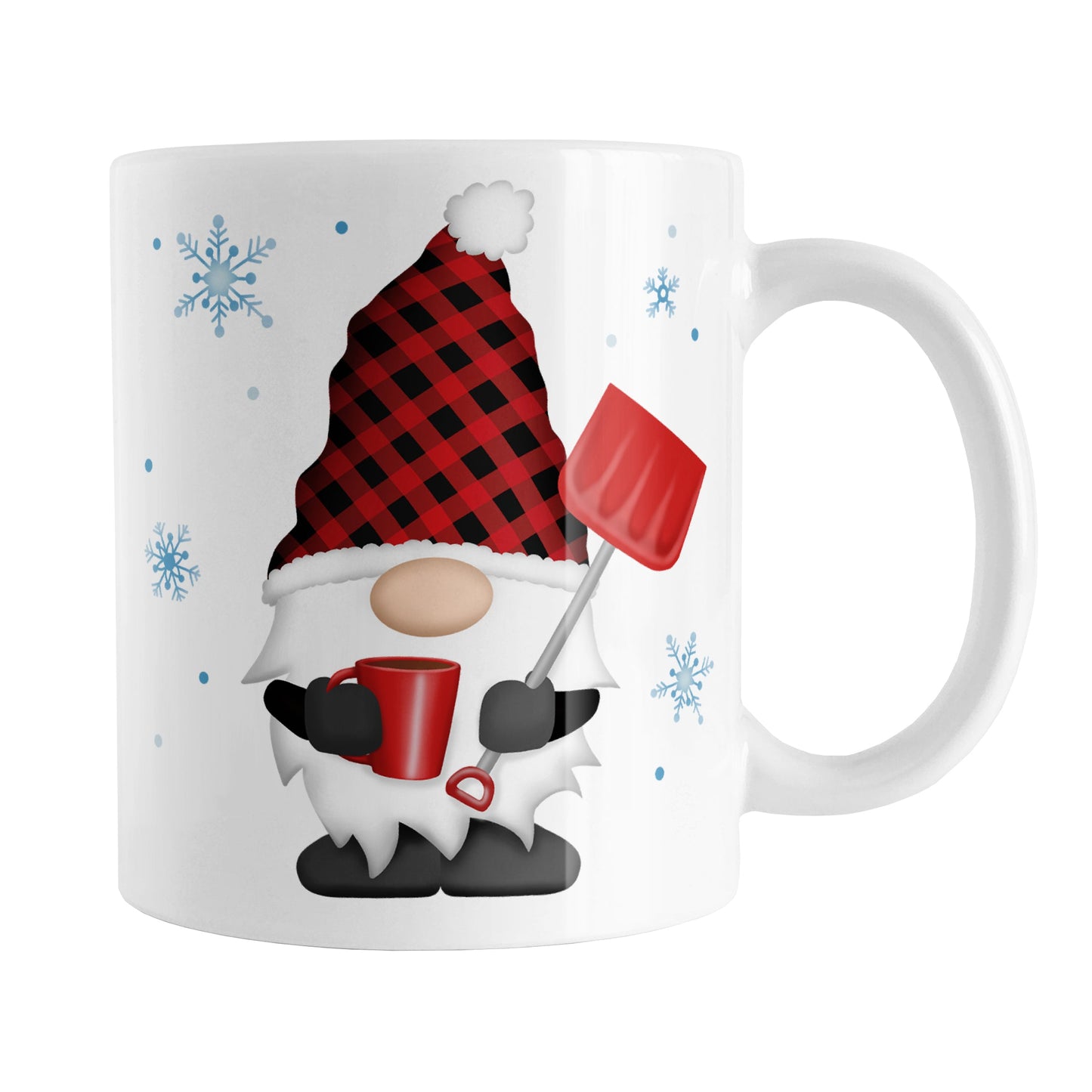 Red Buffalo Plaid Gnome Mug (11oz) at Amy's Coffee Mugs. A ceramic coffee mug designed with a gnome with a red and black buffalo plaid pattern hat and holding a hot beverage and snow shovel with snowflakes around it. This cute buffalo plaid gnome illustration is on both sides of the mug. 