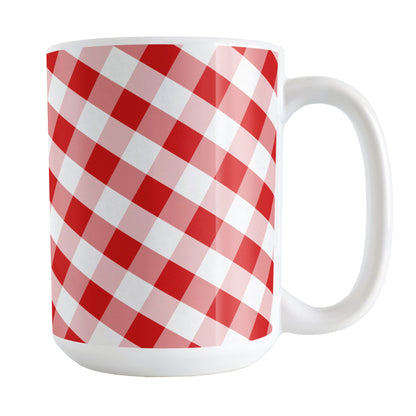 Red Gingham Mug (15oz) at Amy's Coffee Mugs. A ceramic coffee mug designed with a slanted white and red gingham pattern that wraps around the mug up to the handle.