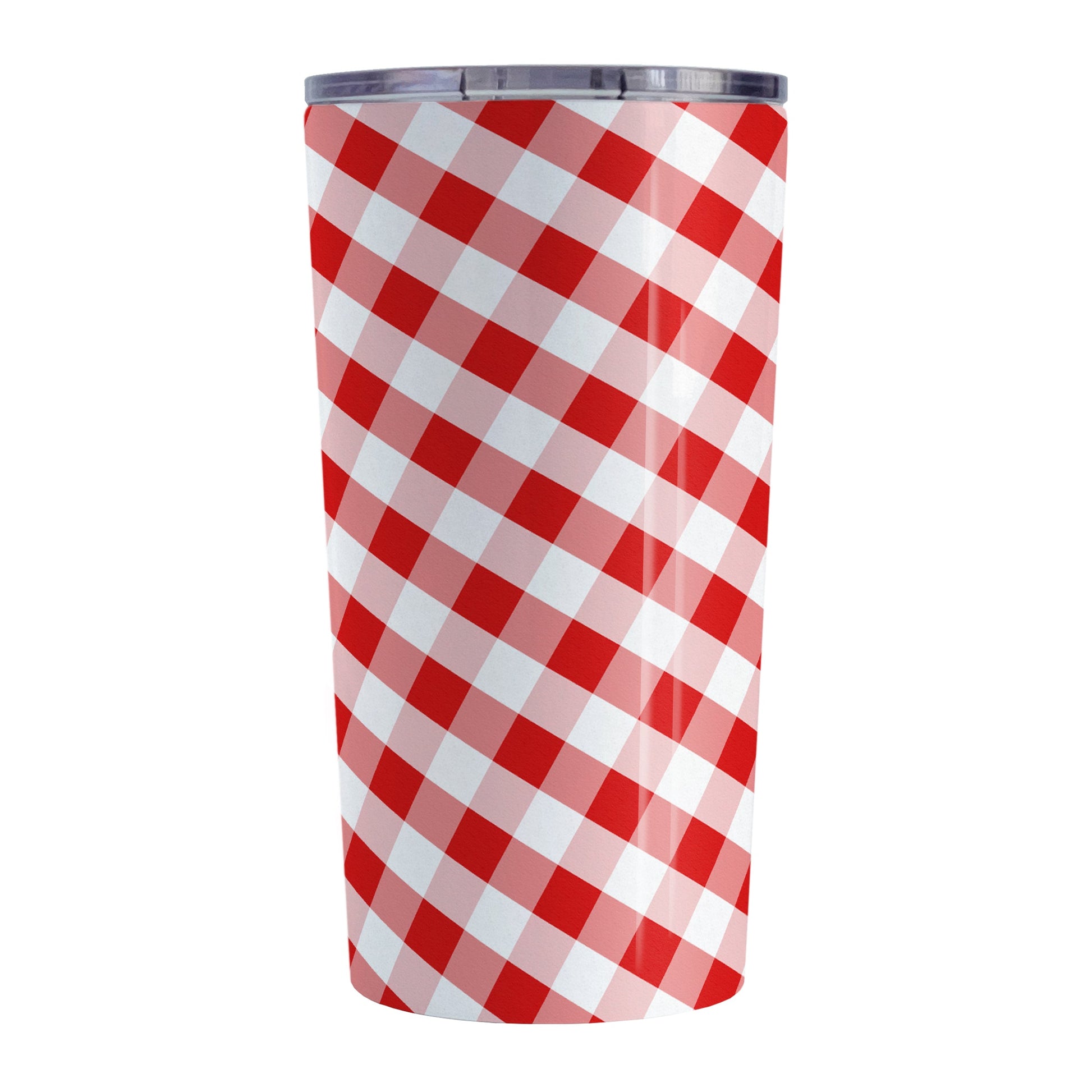 Red Gingham Tumbler Cup (20oz, stainless steel insulated) at Amy's Coffee Mugs