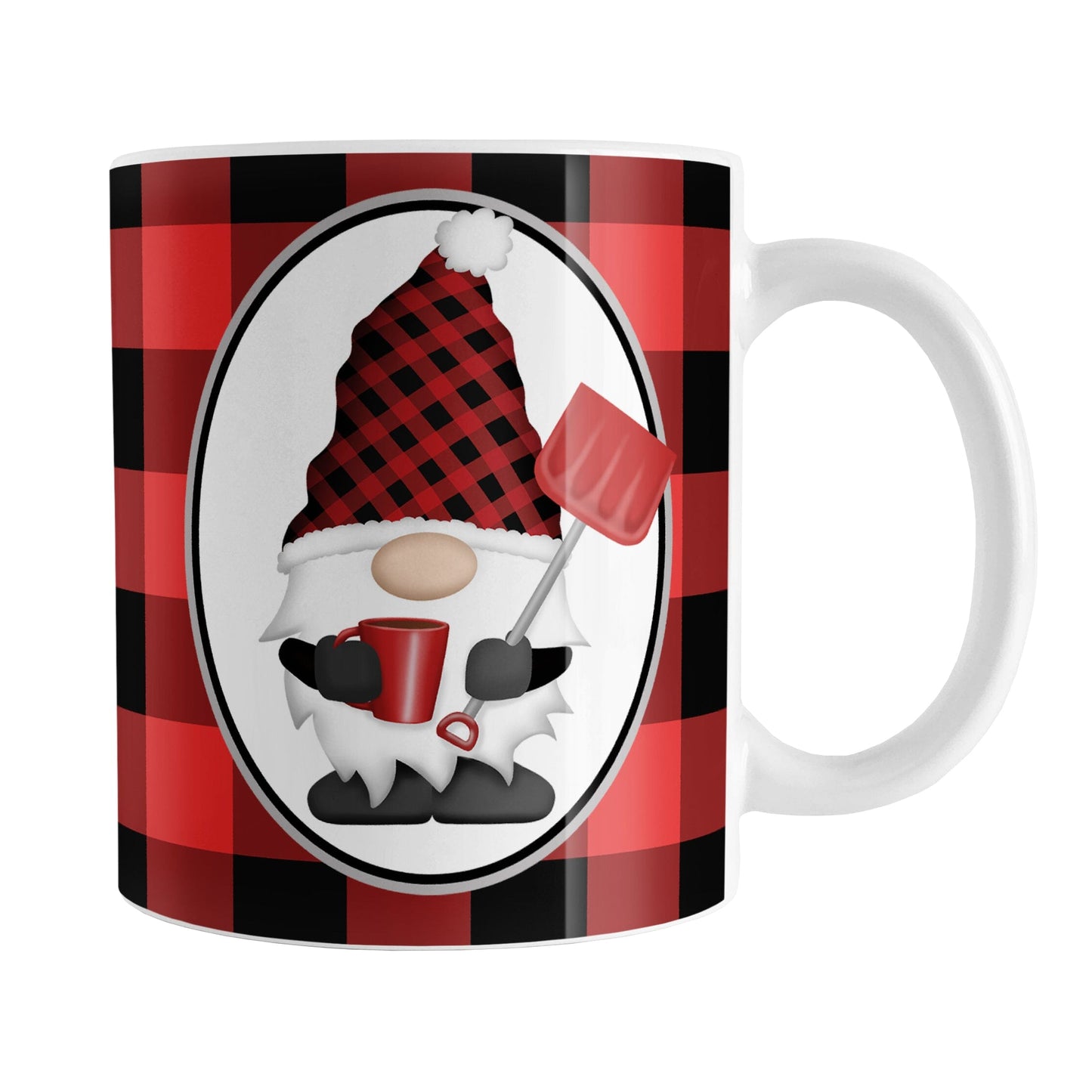 Red Gnome Buffalo Plaid Mug (11oz) at Amy's Coffee Mug. A ceramic coffee mug designed with an adorable gnome wearing a red and black buffalo check hat and holding a hot beverage and a snow shovel in a white oval over a red and black buffalo plaid pattern background that wraps around the mug to the handle.
