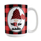 Red Gnome Buffalo Plaid Mug (15oz) at Amy's Coffee Mug. A ceramic coffee mug designed with an adorable gnome wearing a red and black buffalo check hat and holding a hot beverage and a snow shovel in a white oval over a red and black buffalo plaid pattern background that wraps around the mug to the handle.