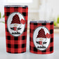 Red Gnome Buffalo Plaid Tumbler Cup (20oz or 10oz) at Amy's Coffee Mugs. Stainless steel tumbler cups designed with an adorable gnome wearing a red and black buffalo check hat and holding a hot beverage and a snow shovel in a white oval over a red and black buffalo plaid pattern background that wraps around the cups. Photo shows both sized cups next to each other on a table.
