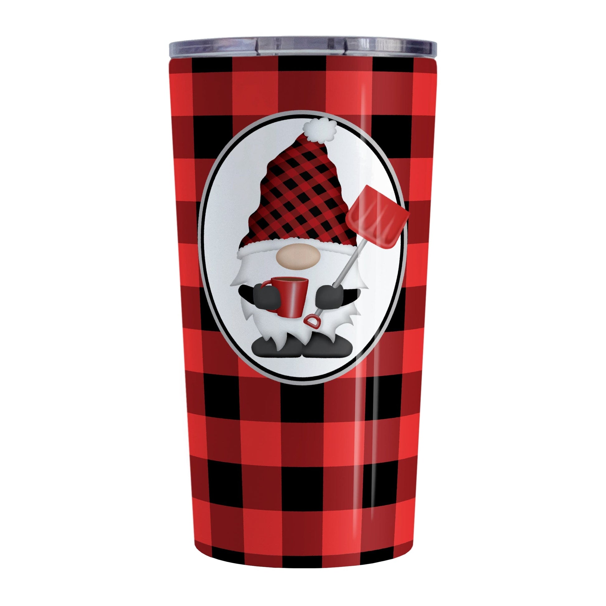 Red Gnome Buffalo Plaid Tumbler Cup (20oz) at Amy's Coffee Mugs. A stainless steel tumbler cup designed with an adorable gnome wearing a red and black buffalo check hat and holding a hot beverage and a snow shovel in a white oval over a red and black buffalo plaid pattern background that wraps around the cup.