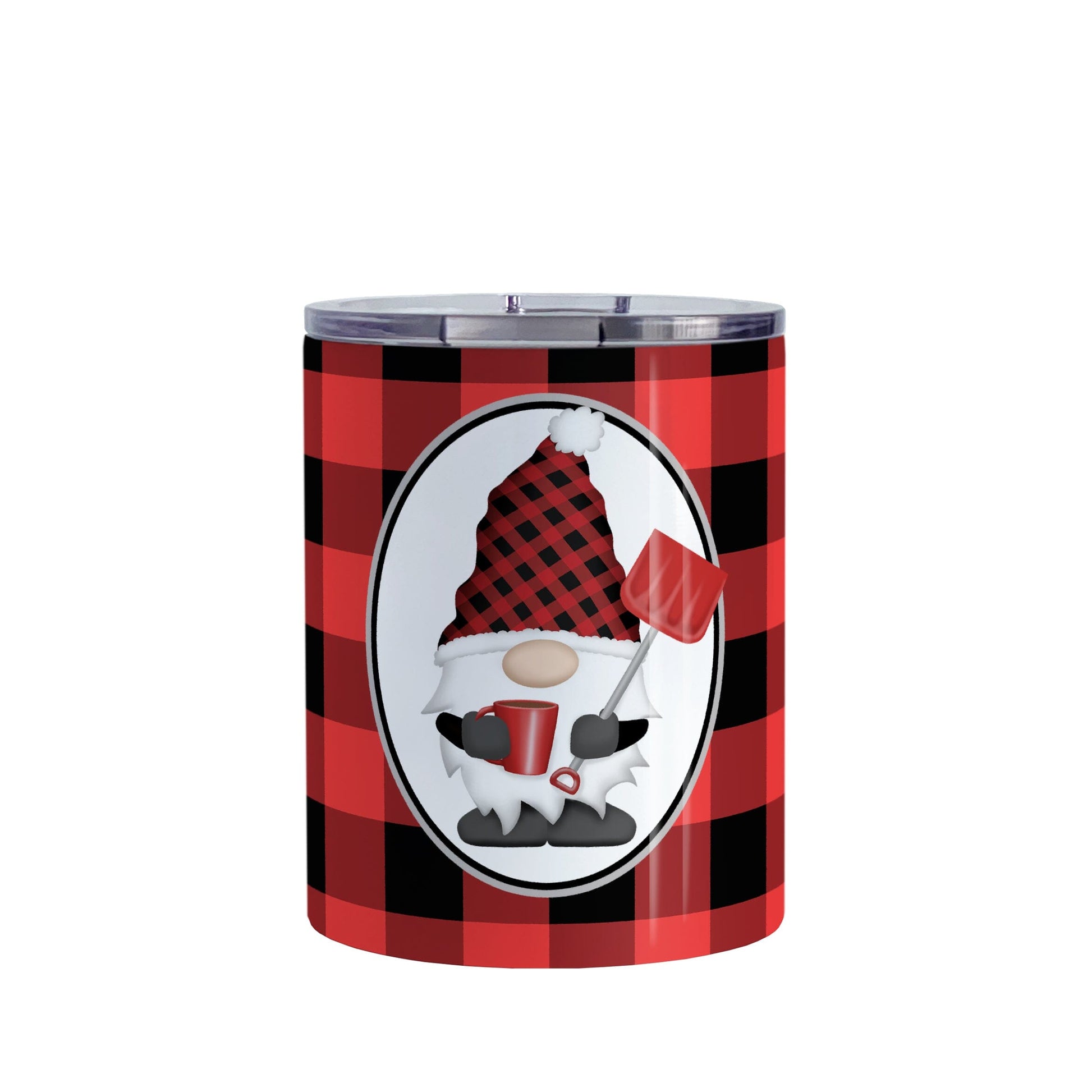 Red Gnome Buffalo Plaid Tumbler Cup (10oz) at Amy's Coffee Mugs. A stainless steel tumbler cup designed with an adorable gnome wearing a red and black buffalo check hat and holding a hot beverage and a snow shovel in a white oval over a red and black buffalo plaid pattern background that wraps around the cup.