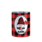 Red Gnome Buffalo Plaid Tumbler Cup (10oz) at Amy's Coffee Mugs. A stainless steel tumbler cup designed with an adorable gnome wearing a red and black buffalo check hat and holding a hot beverage and a snow shovel in a white oval over a red and black buffalo plaid pattern background that wraps around the cup.