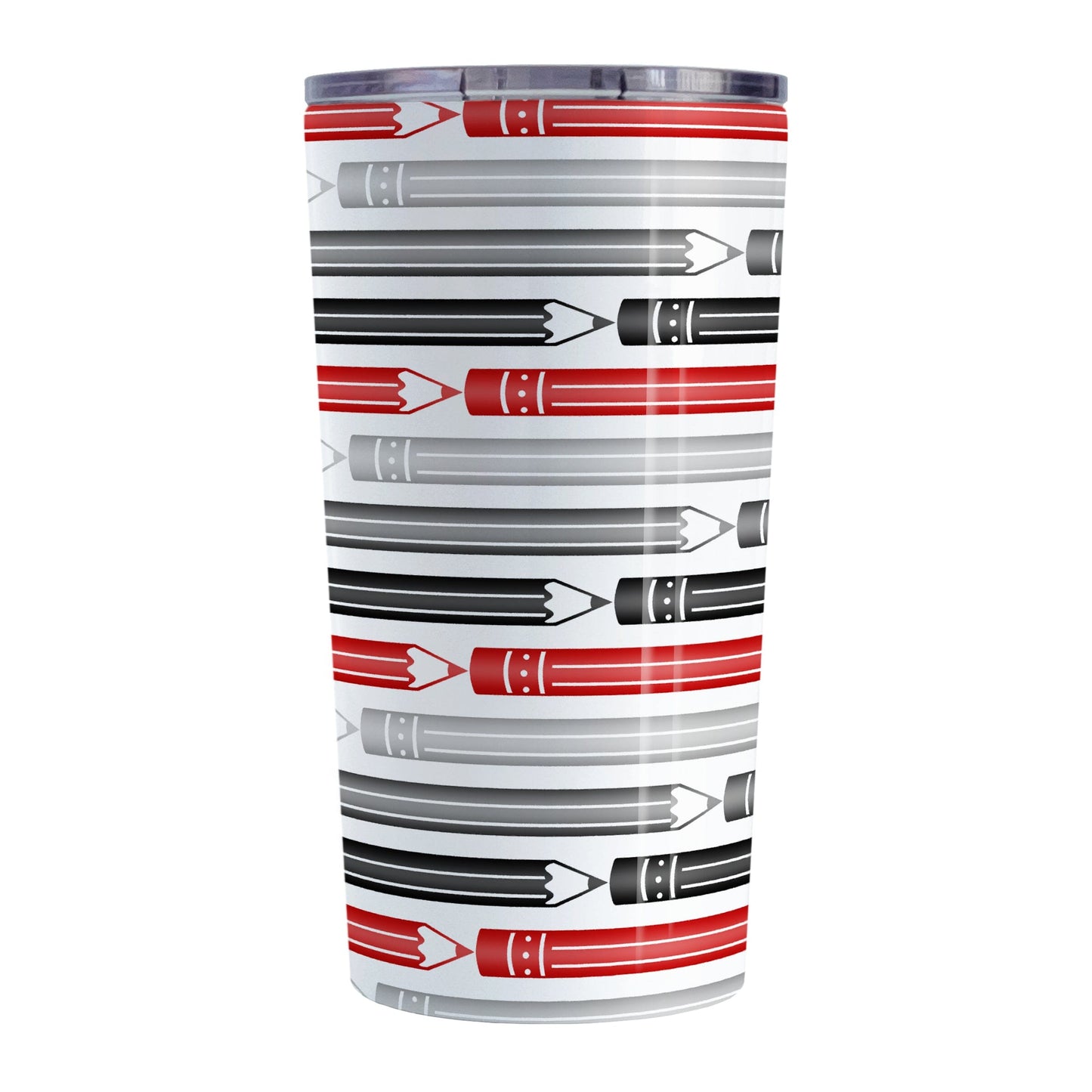 Red Gray Black Pencils Pattern Tumbler Cup (20oz) at Amy's Coffee Mugs. A stainless steel tumbler cup designed with horizontal pencils in red, gray, and black, stacked in a pattern that wraps around the cup.