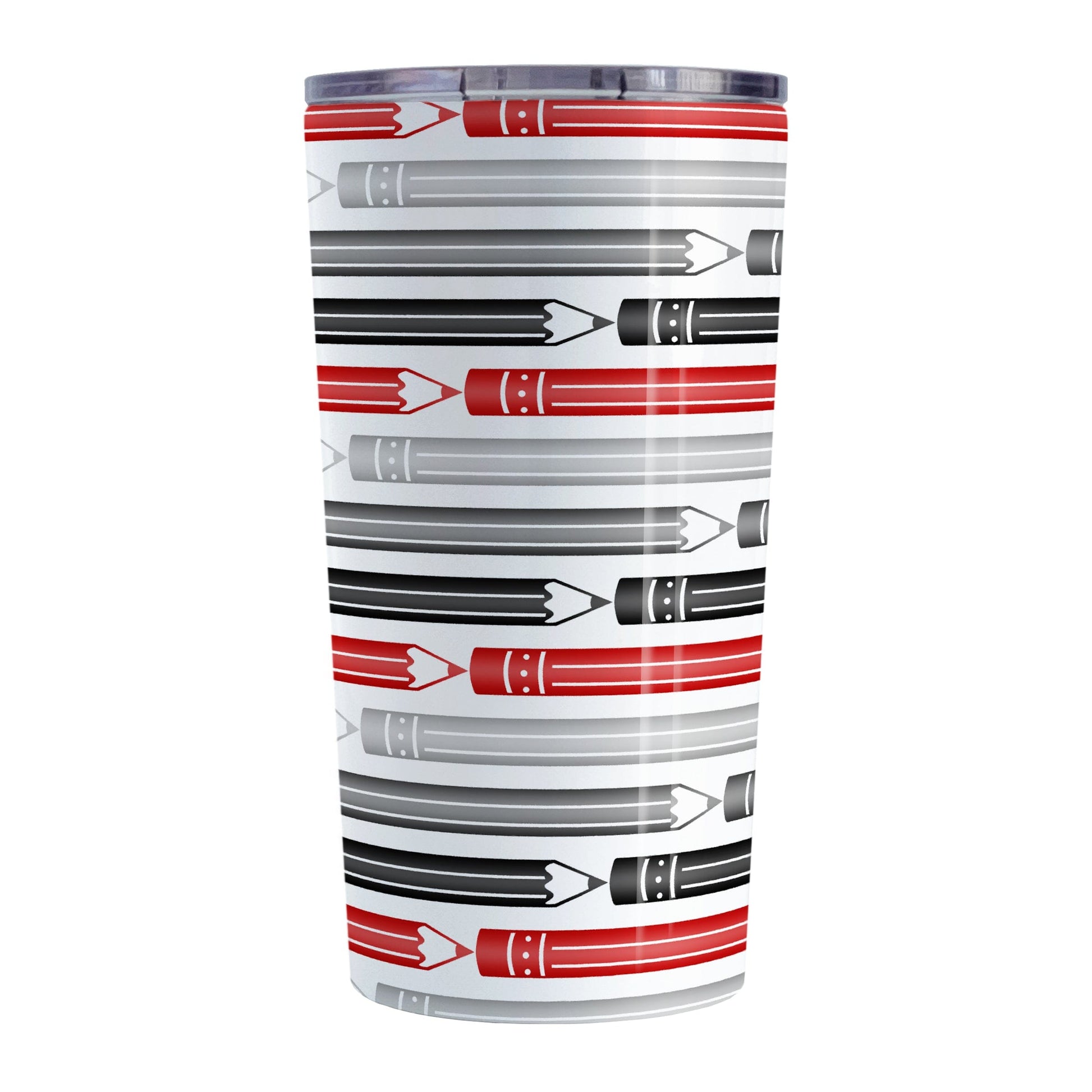 Red Gray Black Pencils Pattern Tumbler Cup (20oz) at Amy's Coffee Mugs. A stainless steel tumbler cup designed with a horizontal pencils in red, gray, and black, stacked in a pattern that wraps around the cup.