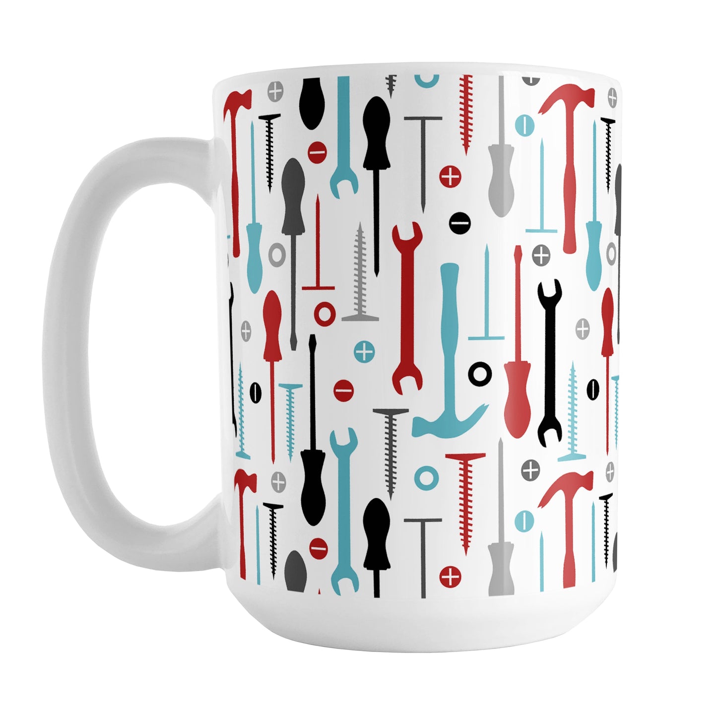 Red Turquoise Tools Pattern Mug (15oz) at Amy's Coffee Mugs. A ceramic coffee mug with a modern style pattern of tools in red, turquoise, black, and gray over white that wraps around the mug to the handle. Perfect for any handyman or contractor. 