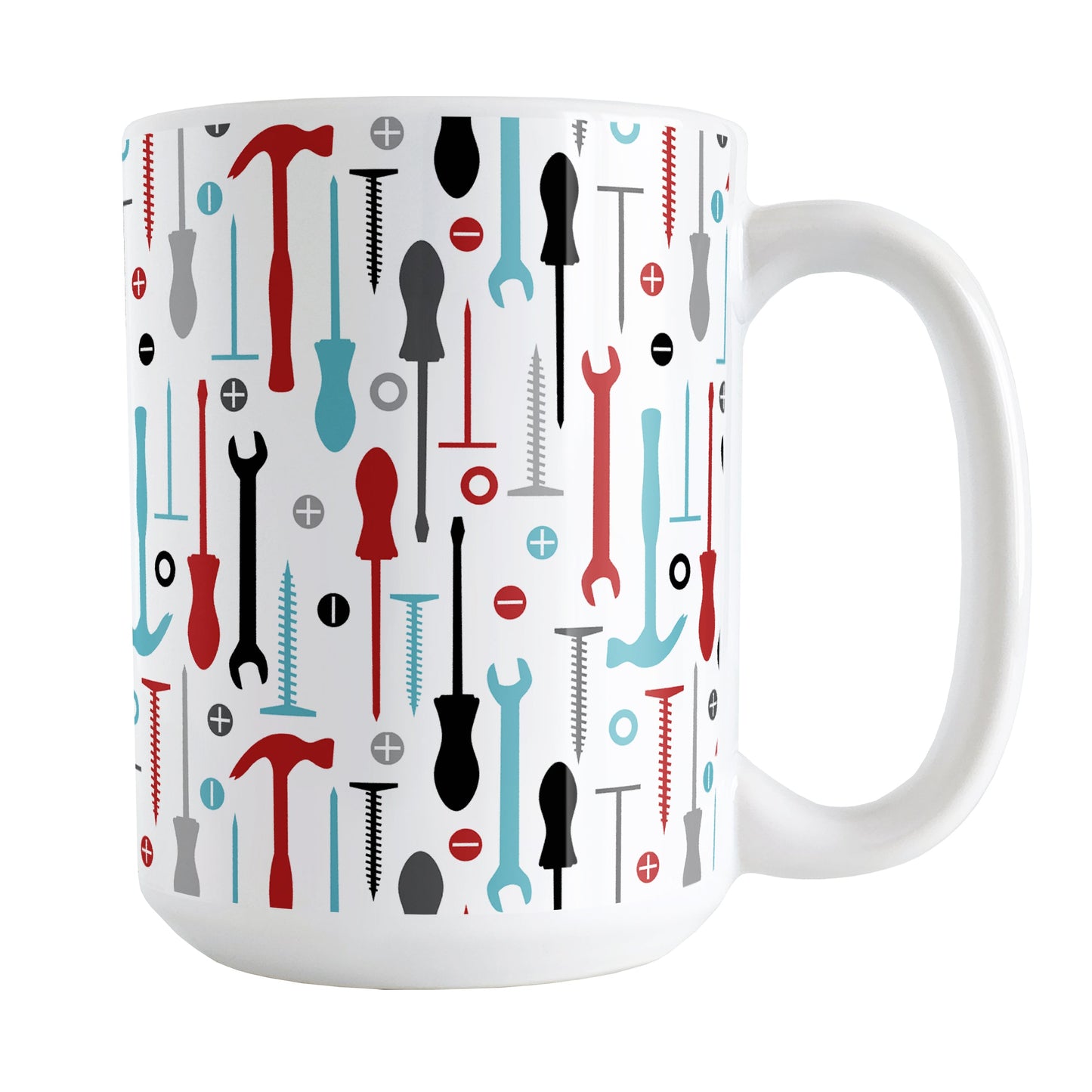 Red Turquoise Tools Pattern Mug (15oz) at Amy's Coffee Mugs. A ceramic coffee mug with a modern style pattern of tools in red, turquoise, black, and gray over white that wraps around the mug to the handle. Perfect for any handyman or contractor. 