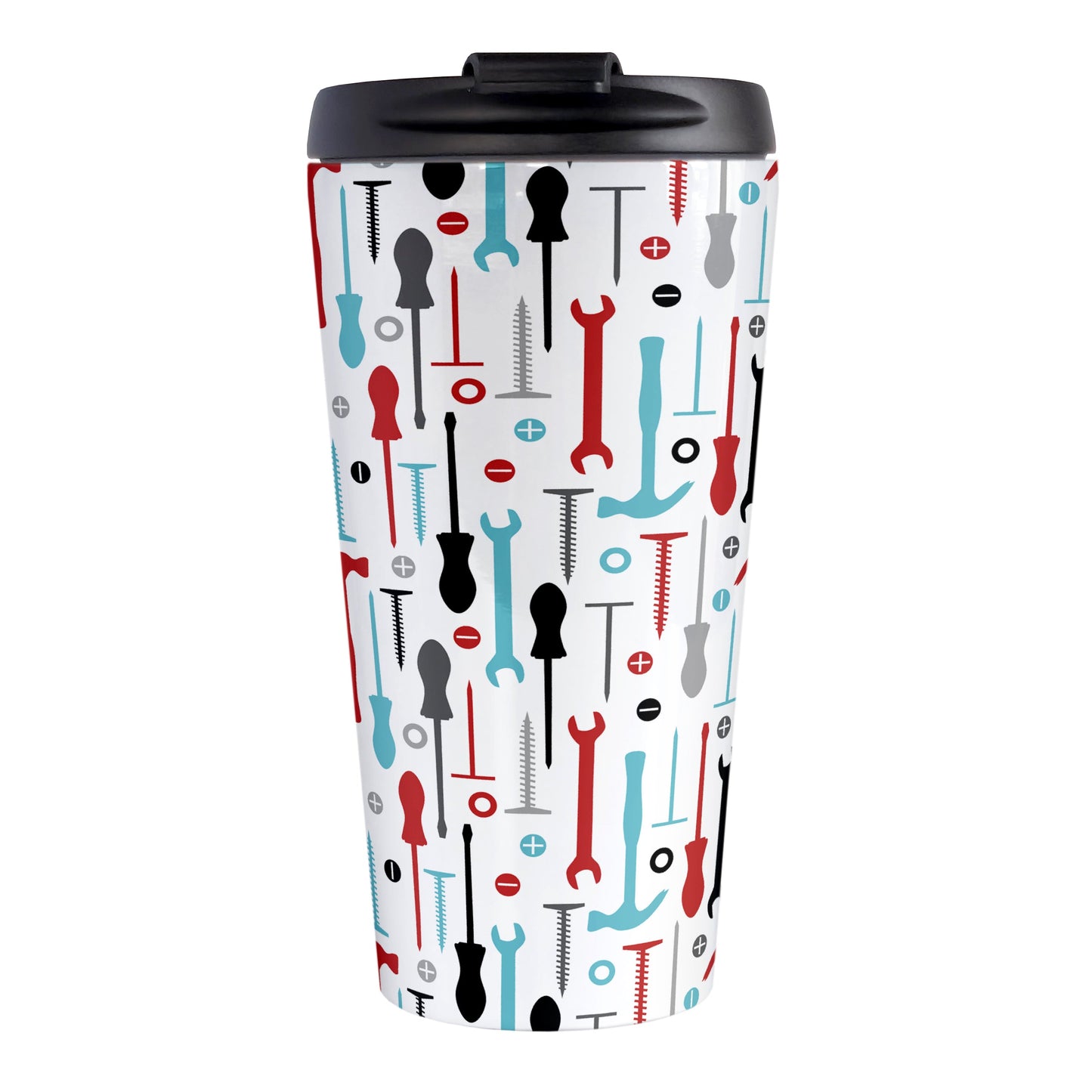 Red Turquoise Tools Pattern Travel Mug (15oz) at Amy's Coffee Mugs. A stainless steel insulated travel mug with a modern style pattern of tools in red, turquoise, black, and gray over white that wraps around the mug. Perfect for any handyman or contractor. 