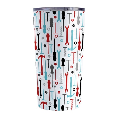 Red Turquoise Tools Pattern Tumbler Cup (20oz, stainless steel insulated) at Amy's Coffee Mugs. A tumbler cup with a modern style pattern of tools in red, turquoise, black, and gray over white that wraps around the cup. Perfect for any handyman or contractor. 